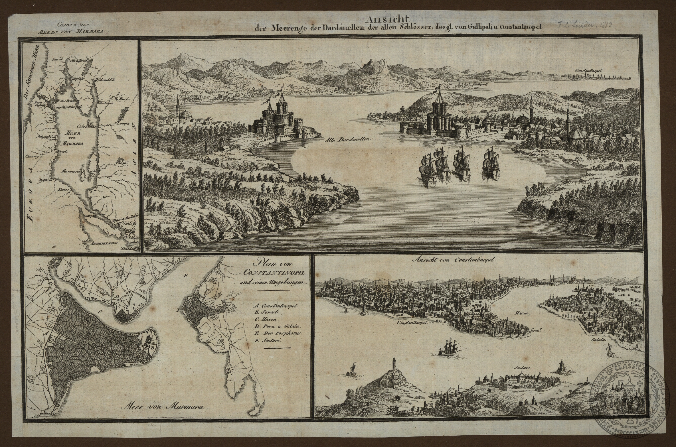 Ansicht der Meerenge der Dardanellen, der Alten Schloesser, desgl. Von Galllipoli u. Constatinopel.